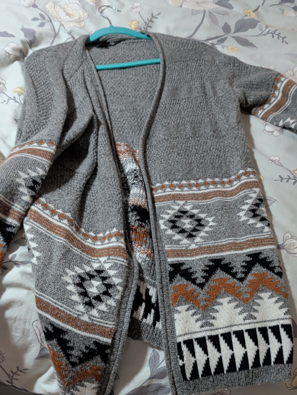 Rue21 Gray Aztec Open-Front Cardigan with Black and Brown Accents